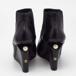 Chanel Black Leather Pearl Embellished CC Wedge Booties Size 40