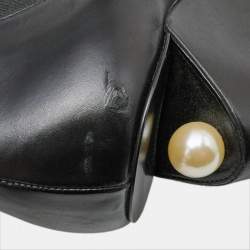 Chanel Black Leather Pearl Embellished CC Wedge Booties Size 40