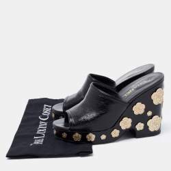 Pre Owned Chanel Black Leather Camellia Embellished Platform Wedge Slide Sandals Size 39.5