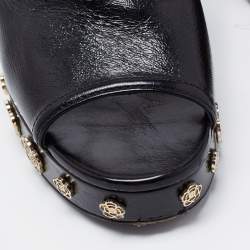Pre Owned Chanel Black Leather Camellia Embellished Platform Wedge Slide Sandals Size 39.5