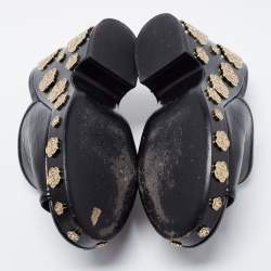 Pre Owned Chanel Black Leather Camellia Embellished Platform Wedge Slide Sandals Size 39.5