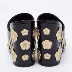 Pre Owned Chanel Black Leather Camellia Embellished Platform Wedge Slide Sandals Size 39.5