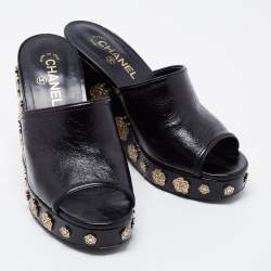 Pre Owned Chanel Black Leather Camellia Embellished Platform Wedge Slide Sandals Size 39.5