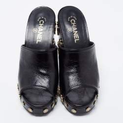 Pre Owned Chanel Black Leather Camellia Embellished Platform Wedge Slide Sandals Size 39.5