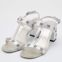 Chanel Leather Silver Leather Embellished Ankle Strap Sandals Size 38