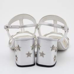 Chanel Leather Silver Leather Embellished Ankle Strap Sandals Size 38