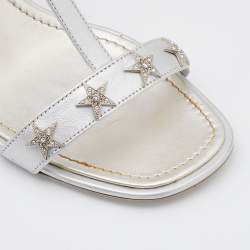Chanel Leather Silver Leather Embellished Ankle Strap Sandals Size 38