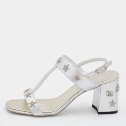 Chanel Leather Silver Leather Embellished Ankle Strap Sandals Size 38