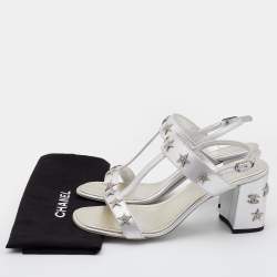 Chanel Leather Silver Leather Embellished Ankle Strap Sandals Size 38