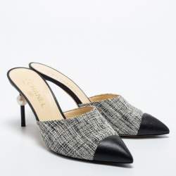Pre Owned Chanel Black/White Tweed And Leather Pointed Cap Toe CC Pearl Heel Mules Size 40.5