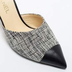 Pre Owned Chanel Black/White Tweed And Leather Pointed Cap Toe CC Pearl Heel Mules Size 40.5