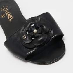 Pre Owned Chanel Black Leather Camellia CC Flat Slides Size 39.5