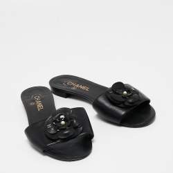 Pre Owned Chanel Black Leather Camellia CC Flat Slides Size 39.5