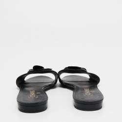 Pre Owned Chanel Black Leather Camellia CC Flat Slides Size 39.5