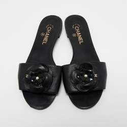 Pre Owned Chanel Black Leather Camellia CC Flat Slides Size 39.5