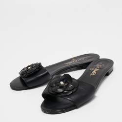 Pre Owned Chanel Black Leather Camellia CC Flat Slides Size 39.5