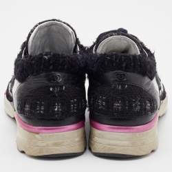 Pre Owned Chanel Black/Grey Tweed and PVC CC Low Top Sneakers Size 37.5