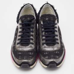Pre Owned Chanel Black/Grey Tweed and PVC CC Low Top Sneakers Size 37.5