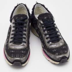 Pre Owned Chanel Black/Grey Tweed and PVC CC Low Top Sneakers Size 37.5