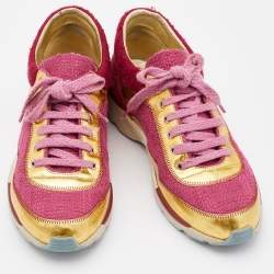 Pre Owned Chanel Multicolor Tweed and Leather CC Low Top Sneakers Size 37.5