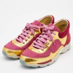 Pre Owned Chanel Multicolor Tweed and Leather CC Low Top Sneakers Size 37.5