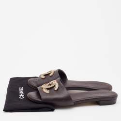 Chanel Dark Brown Leather CC Embellished Flat Slides Size 36.5