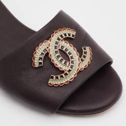 Chanel Dark Brown Leather CC Embellished Flat Slides Size 36.5