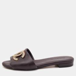 Chanel Dark Brown Leather CC Embellished Flat Slides Size 36.5