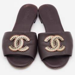 Chanel Dark Brown Leather CC Embellished Flat Slides Size 36.5