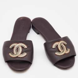 Chanel Dark Brown Leather CC Embellished Flat Slides Size 36.5