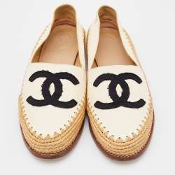 Chanel Cream/Black Leather and Fabric CC Raffia Espadrille Flats Size 36