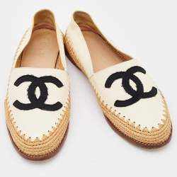 Chanel Cream/Black Leather and Fabric CC Raffia Espadrille Flats Size 36
