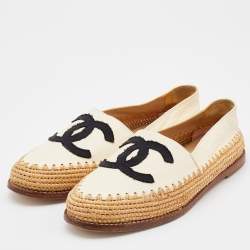 Chanel Cream/Black Leather and Fabric CC Raffia Espadrille Flats Size 36