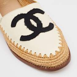 Chanel Cream/Black Leather and Fabric CC Raffia Espadrille Flats Size 36