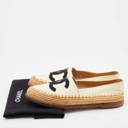 Chanel Cream/Black Leather and Fabric CC Raffia Espadrille Flats Size 36