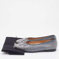 Pre Owned Chanel Blue Textured Leather CC Bow Cap Toe Ballet Flats Size 36.5