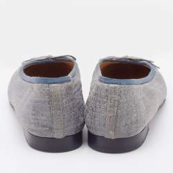 Pre Owned Chanel Blue Textured Leather CC Bow Cap Toe Ballet Flats Size 36.5