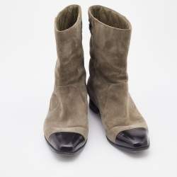 Pre Owned Chanel Grey/Black Suede and Leather CC Ankle Length Boots Size 36.5