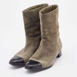 Pre Owned Chanel Grey/Black Suede and Leather CC Ankle Length Boots Size 36.5