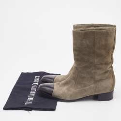 Pre Owned Chanel Grey/Black Suede and Leather CC Ankle Length Boots Size 36.5