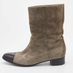 Pre Owned Chanel Grey/Black Suede and Leather CC Ankle Length Boots Size 36.5