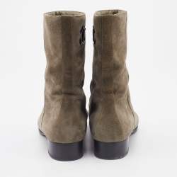 Pre Owned Chanel Grey/Black Suede and Leather CC Ankle Length Boots Size 36.5