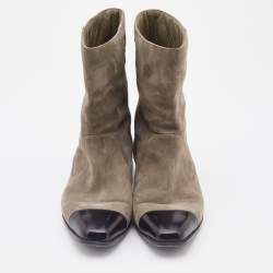 Pre Owned Chanel Grey/Black Suede and Leather CC Ankle Length Boots Size 36.5