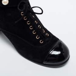 Chanel Black Suede and Patent Leather Cap Toe CC Pearl Ankle Boots Size 37.5