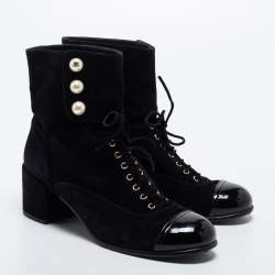 Chanel Black Suede and Patent Leather Cap Toe CC Pearl Ankle Boots Size 37.5