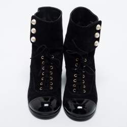 Chanel Black Suede and Patent Leather Cap Toe CC Pearl Ankle Boots Size 37.5