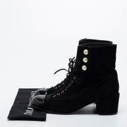Chanel Black Suede and Patent Leather Cap Toe CC Pearl Ankle Boots Size 37.5