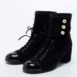 Chanel Black Suede and Patent Leather Cap Toe CC Pearl Ankle Boots Size 37.5