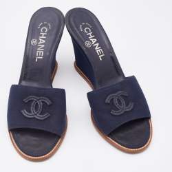 Pre Owned Chanel Navy Blue Canvas CC Slide Wedge Sandals Size 38.5