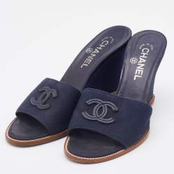 Pre Owned Chanel Navy Blue Canvas CC Slide Wedge Sandals Size 38.5